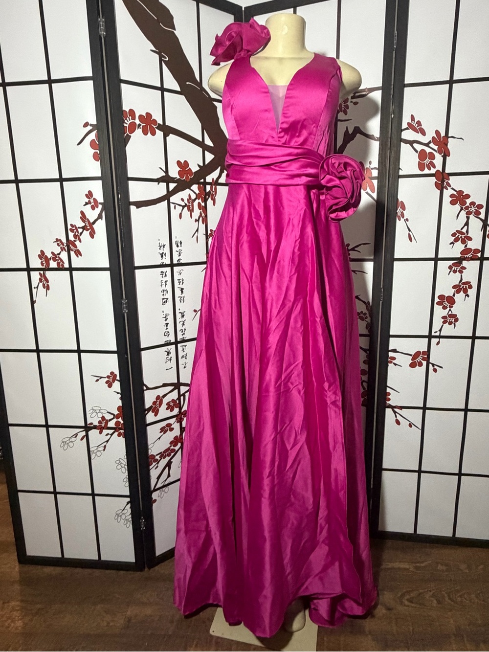 Fuchsia V-Neck Maxi Evening Gown with Floral Shoulder and Waist Detail